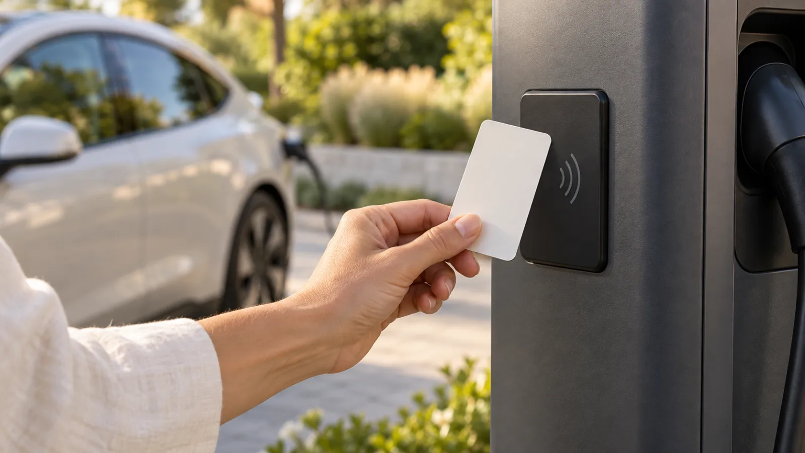 A hand in an ivory sleeve presenting a matte RFID card to a charger reader in warm natural light.