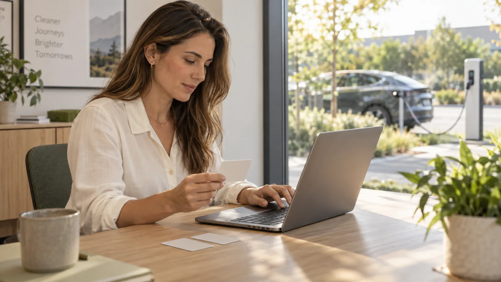 A workplace manager registering RFID cards on a laptop with landscaped EV charging visible through the window.